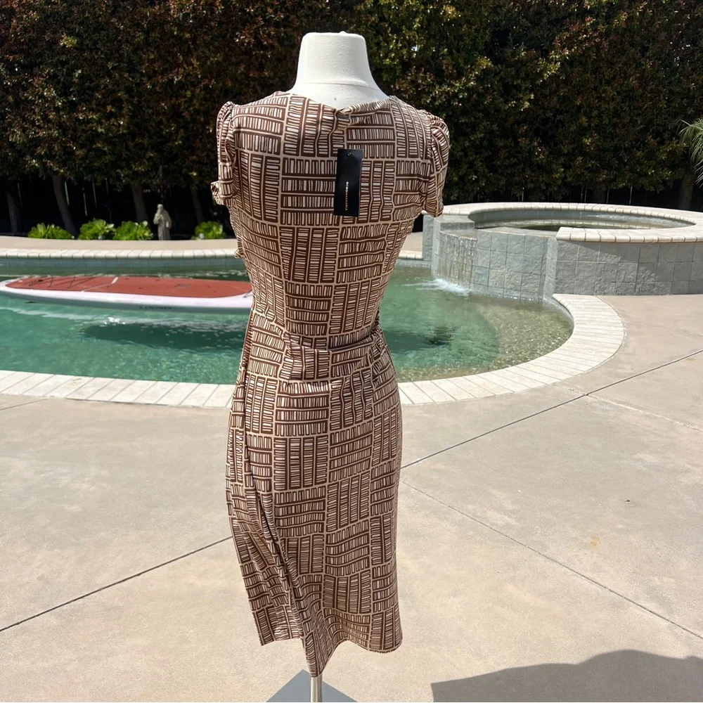 BCBG MaxAzria NWT Short Sleeve Jersey Dress Midi Brown Cream - Picture 4 of 6